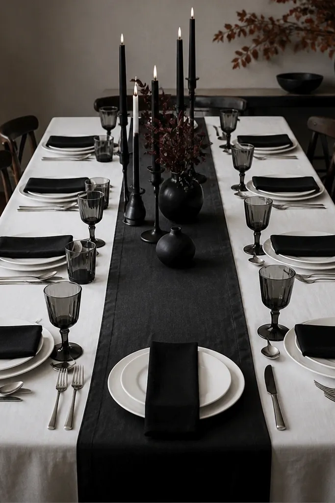 White tablecloth, black runner, monochrome candles, and simple white plates with black napkins