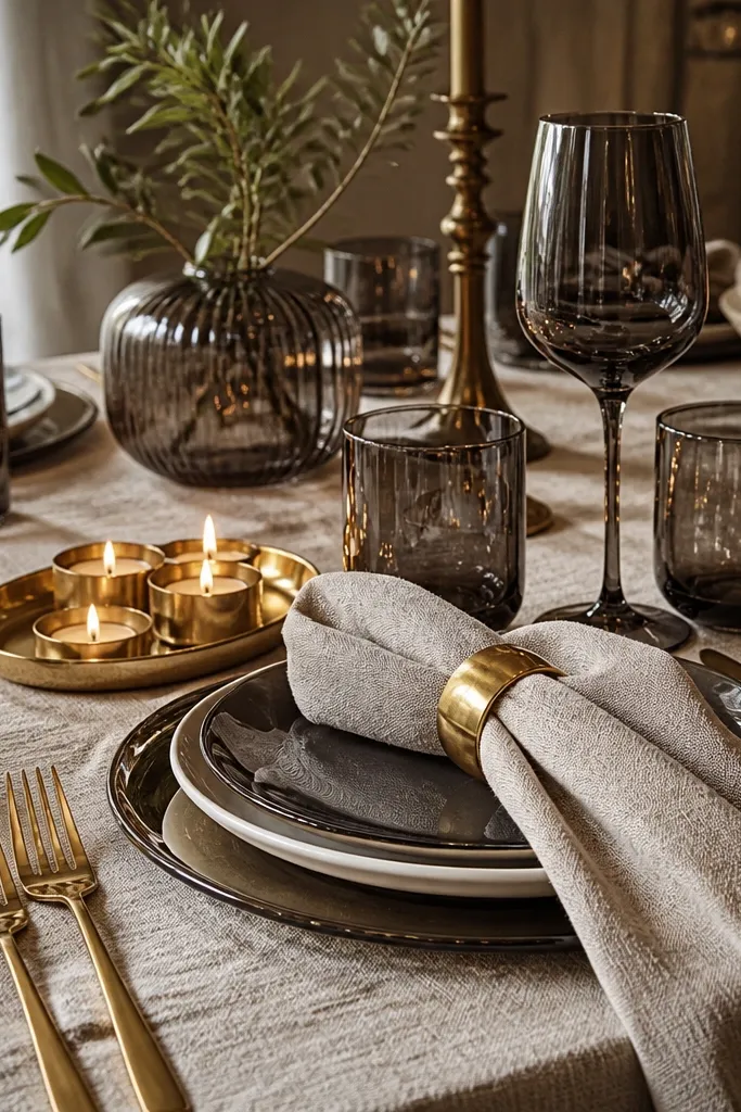 Smoked glass cups, textured ivory napkins, brass candlesticks, and ivory plates