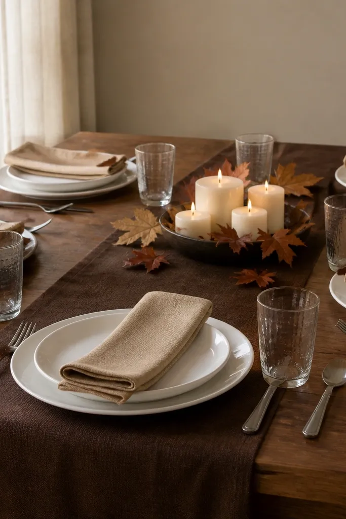 White plates with tan linen napkins and a chocolate brown runner with small candles