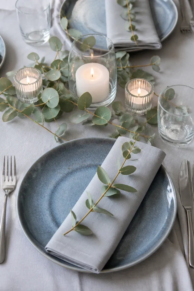 Blue-grey plates, silver cutlery, eucalyptus sprigs, and white candles on a neutral table