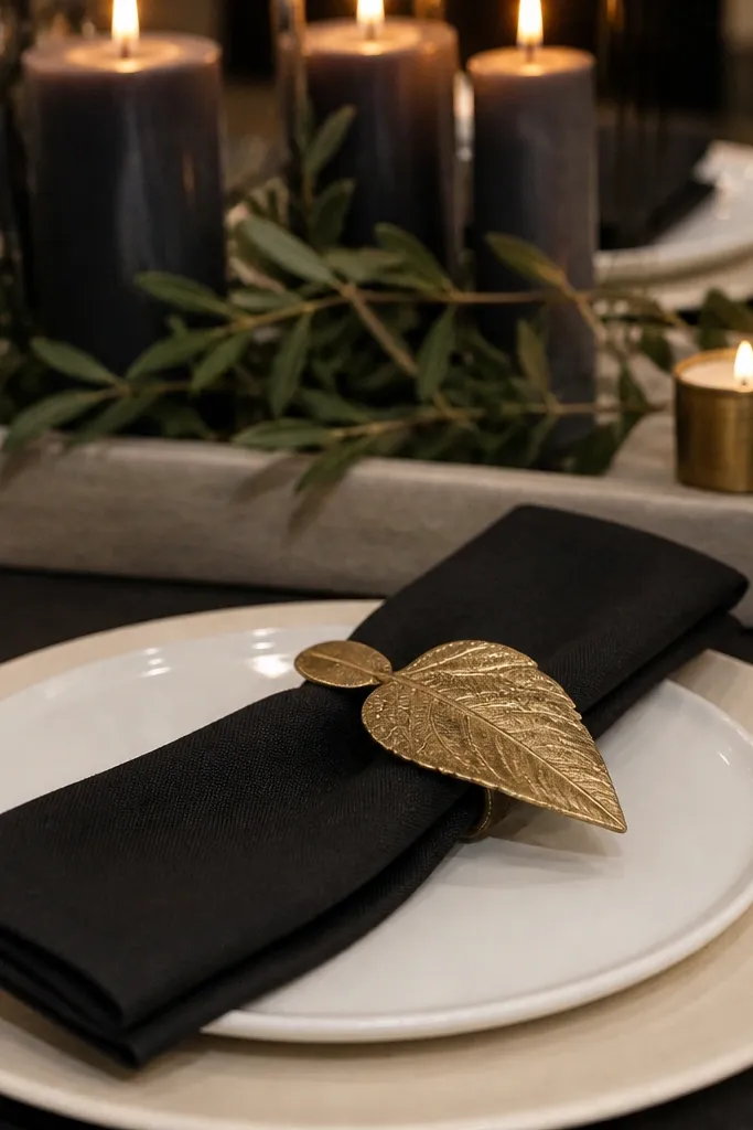 Ivory chargers, black linen napkins clipped with brass leaves, and brass candles