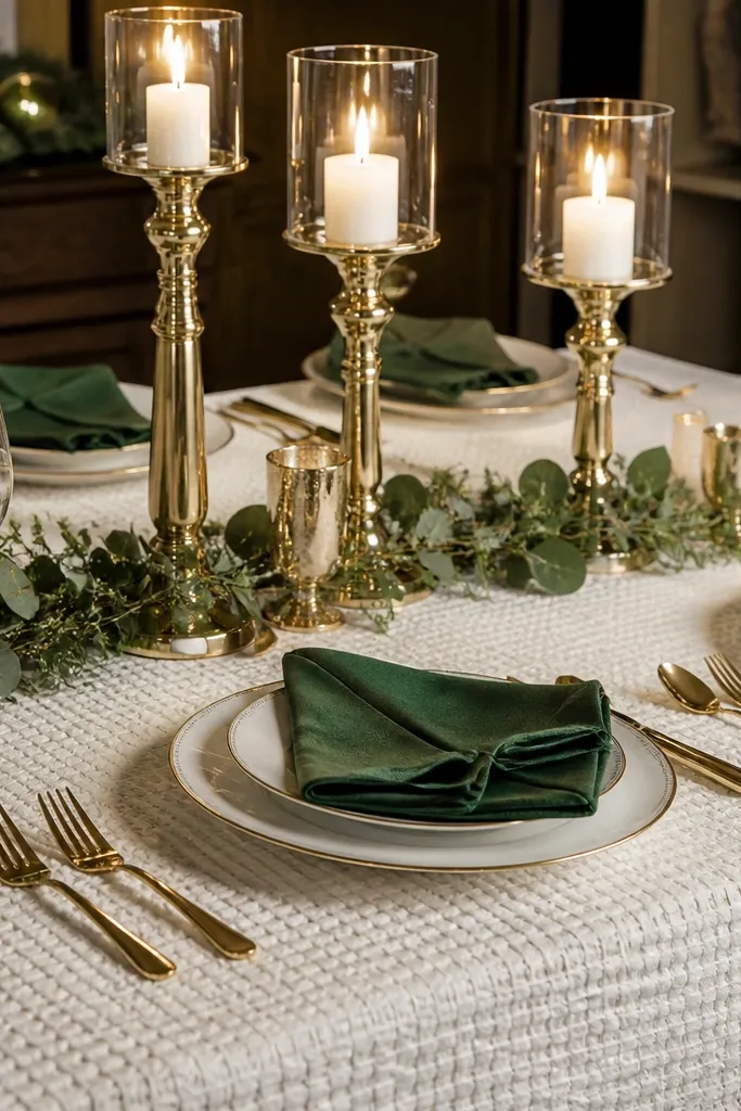 White waffle tablecloth, green napkins, and three gold candles on a Thanksgiving table