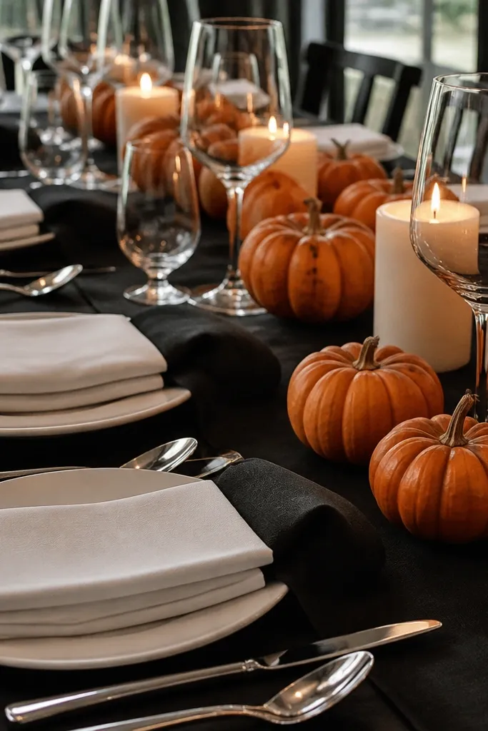 Black runner, white napkins, mini pumpkin centerpiece, and white plates with simple place settings