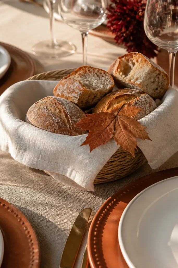 Terracotta chargers, cream napkins, and a woven basket bread centerpiece on a neutral table
