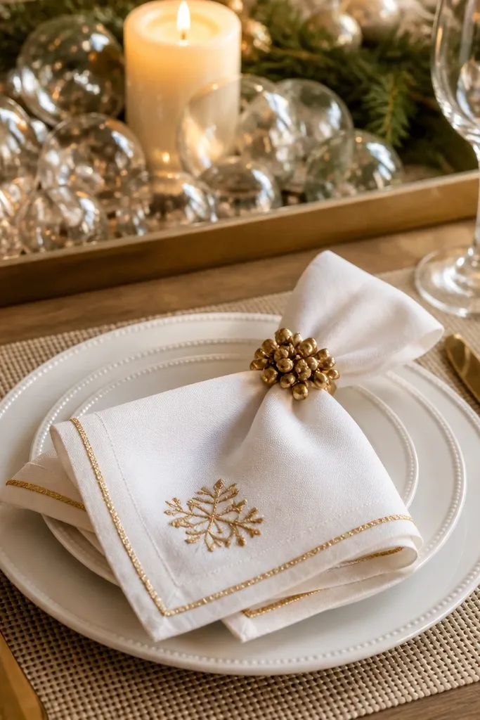White plates, gold-trimmed napkins, clear ornament baubles, and gold taper candles