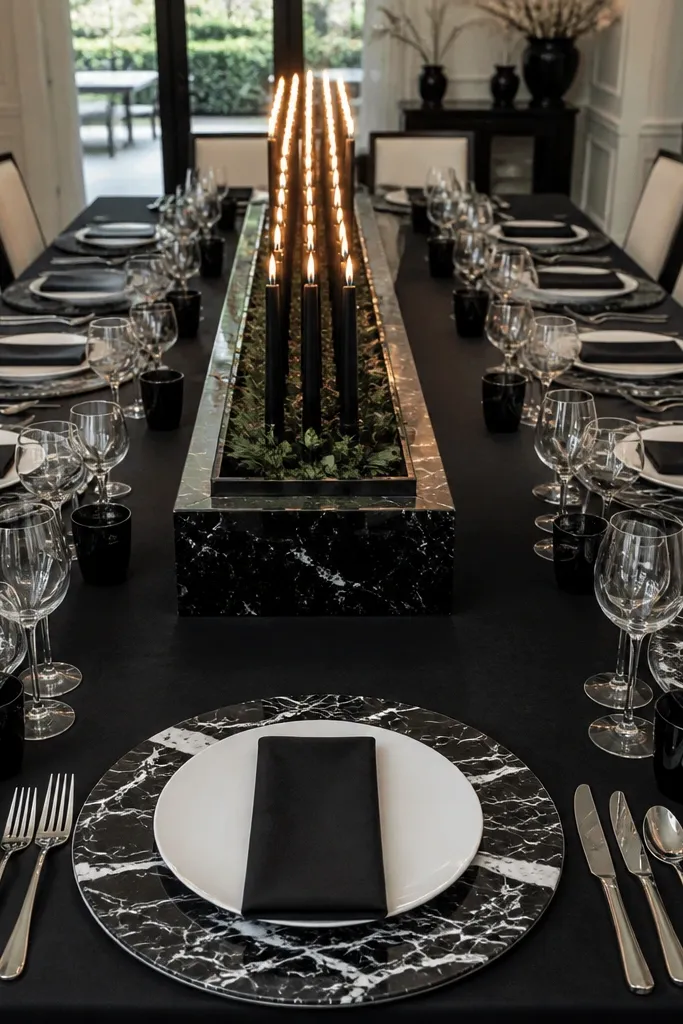 Marble-pattern chargers, black napkins, white plates, and a structured centerpiece with candles