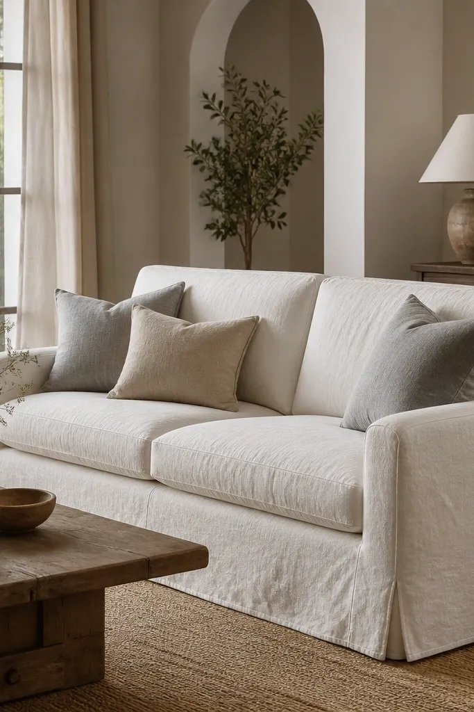 A living room with a sofa dressed in warm off-white linen-look slipcover. The seat cushions look smooth with slight natural wrinkles, and the throw pillows are in oatmeal and soft gray.