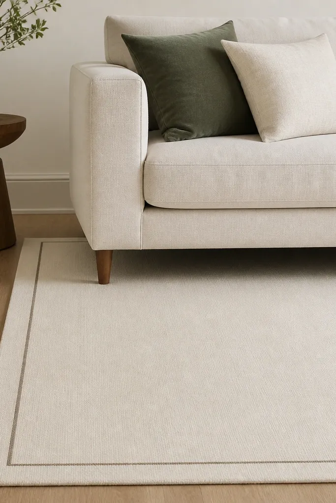 A low-pile cream rug with a thin border line sits under the front legs of a light sofa. The border is crisp and the rug texture looks matte, not shaggy.