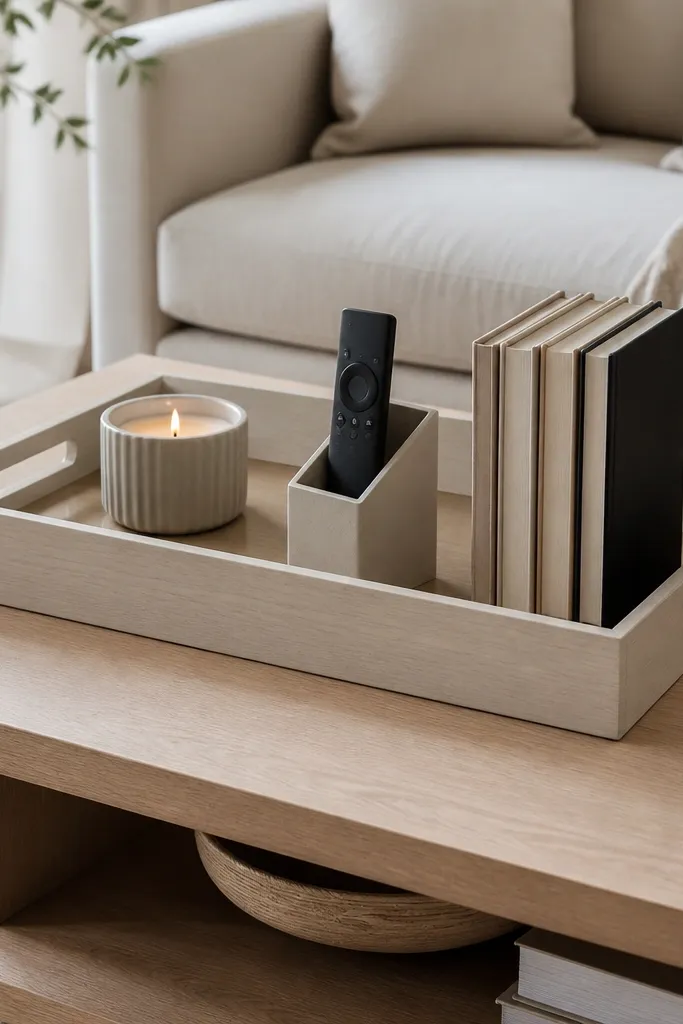 A light wood coffee table with a large rectangular tray on top. Inside the tray are a small candle, a slim remote stand, and a stack of books with spines facing outward.