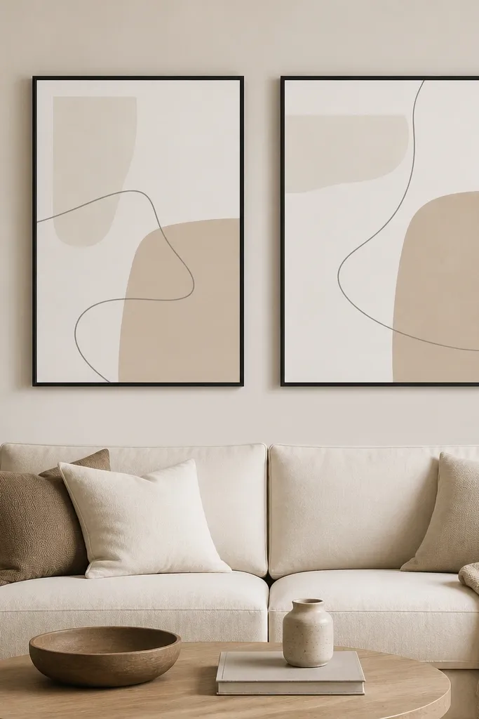 Above a sofa, two minimal prints hang in matching thin black frames. The art uses muted beige blocks and a single soft gray line, with even spacing between frames.