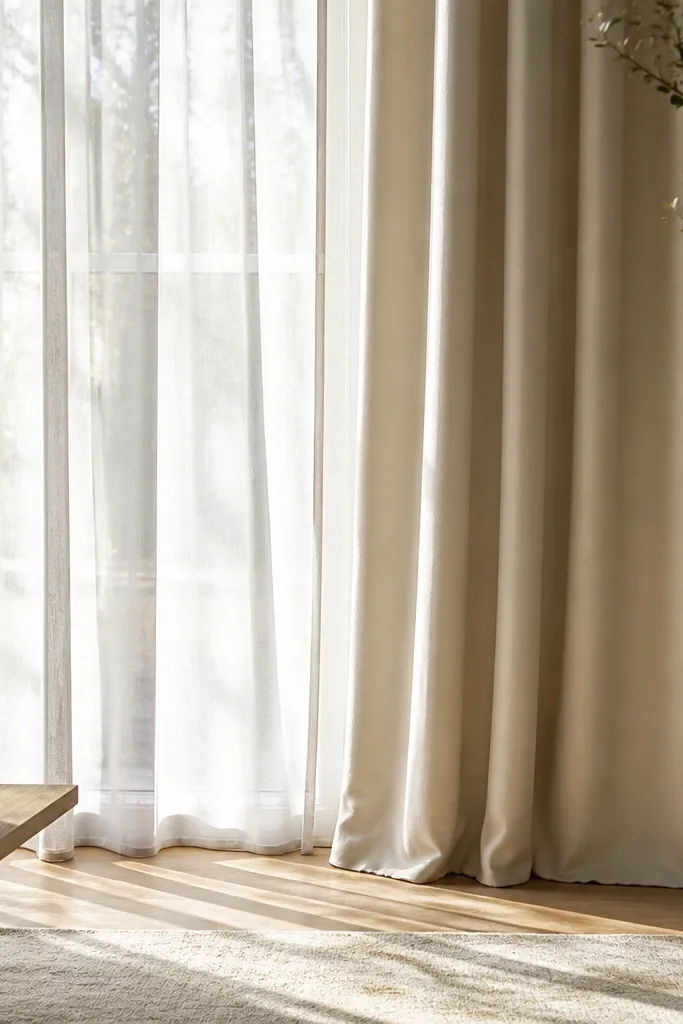 Sheer white curtains plus a heavier cream blackout curtain are layered. The heavy curtain panels fall straight and end just at the floor with a clean puddle hem.