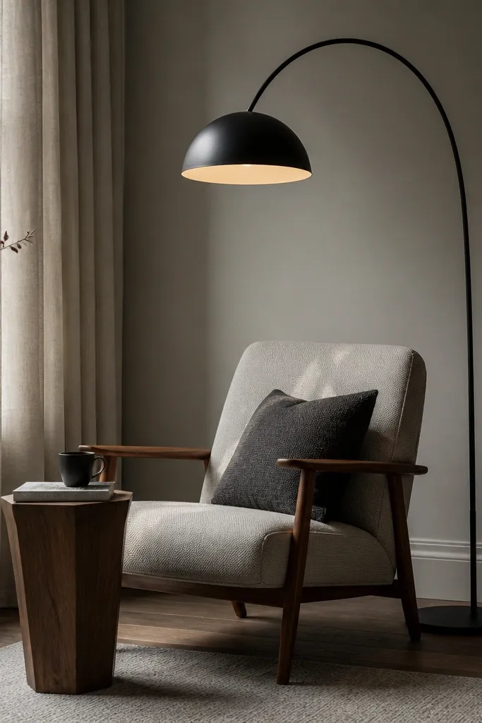 A matte black arched floor lamp stands by a reading chair. The light has a warm glow, and the shade is off-white inside, black outside.