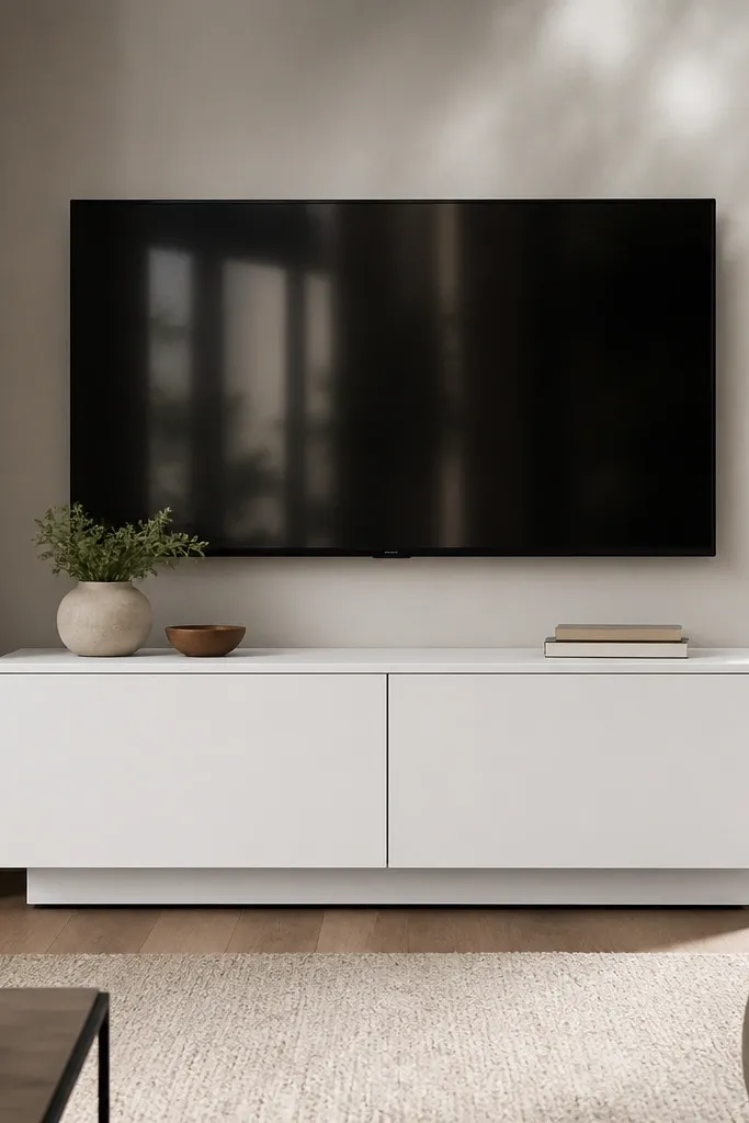 A low white cabinet with two doors sits under a TV. The doors are closed and the area below is free of wires, with a neat cable channel behind.