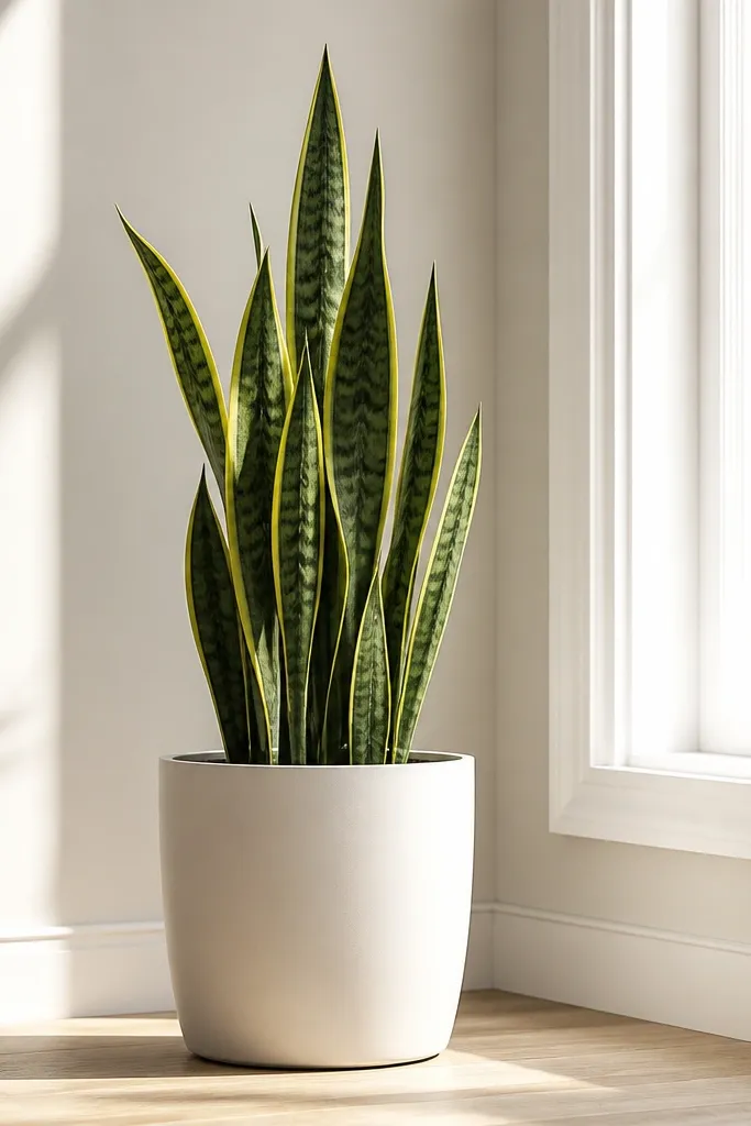 A tall plant sits in a matte white pot near a bright window. The leaves are upright and the pot has a clean rim with no decorative clutter around it.