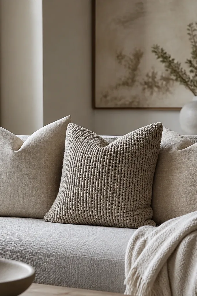 On the sofa, three pillows sit in a row: two in beige fabric and one in a chunky knit. The color palette stays within oatmeal and soft gray.