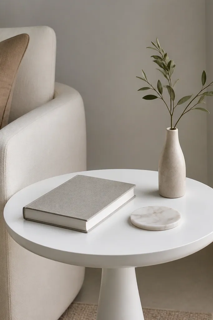 A small round white side table next to a chair. On it sits a single book, a slim vase, and a coaster - nothing spills past the tabletop edge.