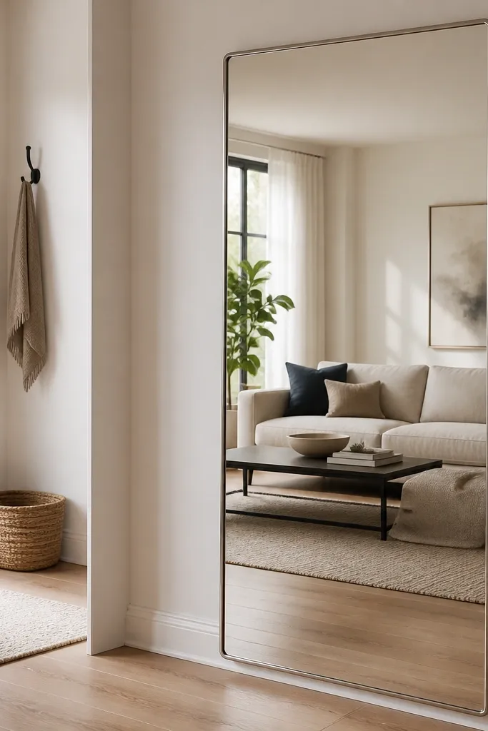 A large vertical mirror with a thin aluminum frame leans or hangs near the entry. It reflects the sofa and adds light without showing messy clutter.