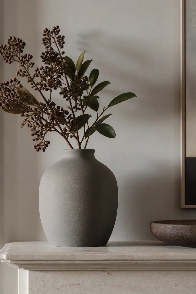 A matte ceramic vase in warm gray sits on the mantle or a bookshelf. It holds a short stem bundle with minimal leaves.