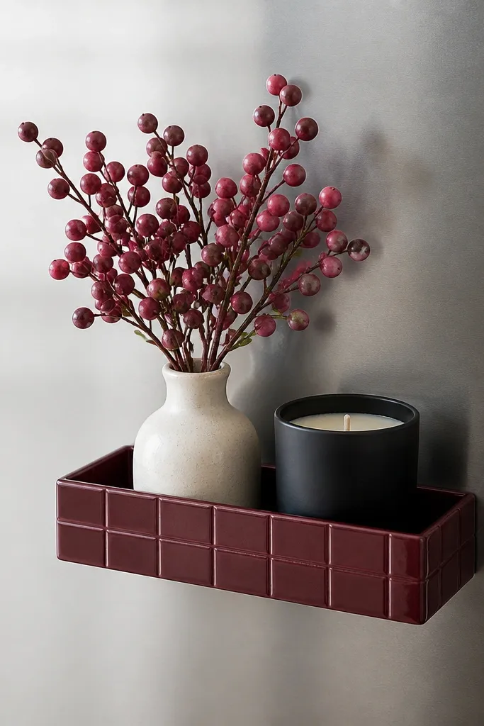 A stainless fridge with a magnetic, deep berry tray holding a small arrangement: dark pink faux berries, a matte black candle jar, and a cream ceramic bud vase. The tray is rectangular with a subtle tile-like pattern.