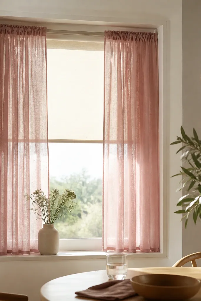 A small dining window with a tension rod installed inside the frame. Sheer-dark pink curtains hang in soft folds, paired with a cream roller blind underneath. The fabric catches light and looks airy.