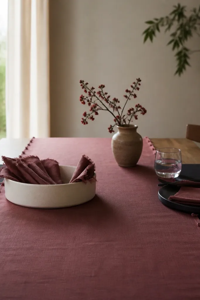 A dining table with a deep dusty rose table runner that has small clip points along the edges. Black place mats sit under it, and a ceramic bowl in cream holds dark pink napkins.