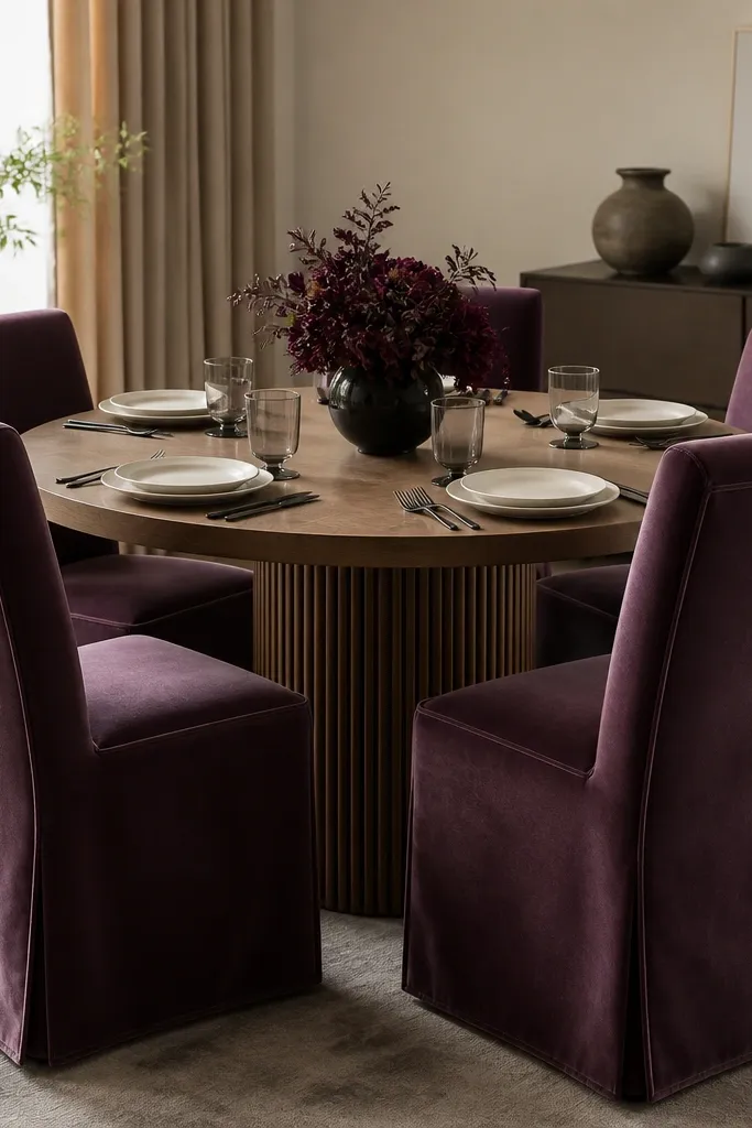 A dining set with chairs covered in deep plum slip-on covers. The fabric has a velvet-like sheen, and the chairs show neat seams around the back. Place settings include cream plates and black cutlery.