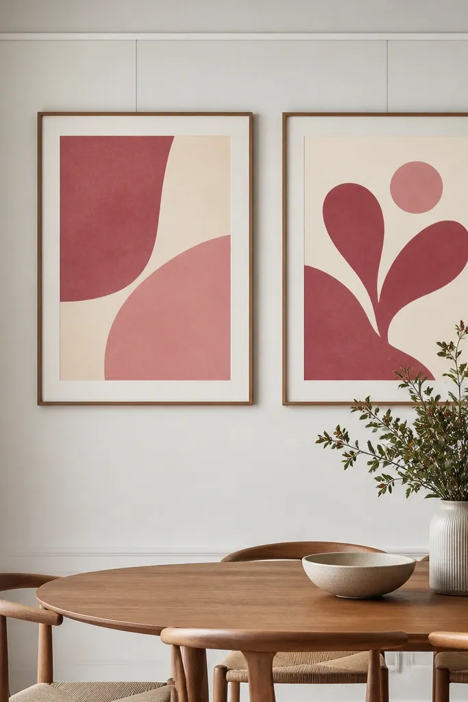 A wall with two framed prints in dark pink and cream. The frames hang from a clear removable hanging rail system above the dining table, no visible tape or hooks.
