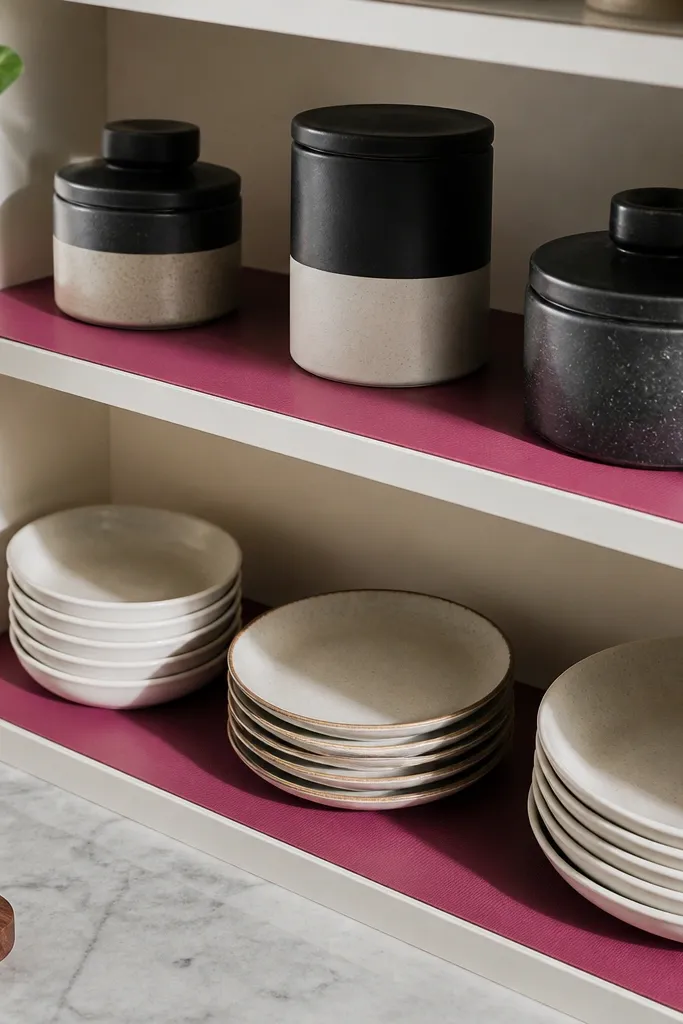 Open kitchen shelves with dark pink heat-resistant liners under stacked plates. The liners are smooth, wipeable, and cut to exact shelf size. A few black-and-cream canisters sit on top.