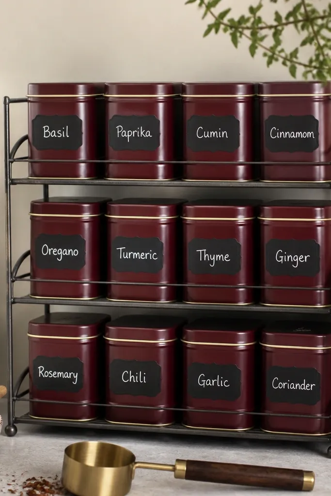 A metal spice rack with multiple deep berry tins. Each tin has a black label sticker with neat handwriting. Small utensils and a cream cutting board sit nearby.
