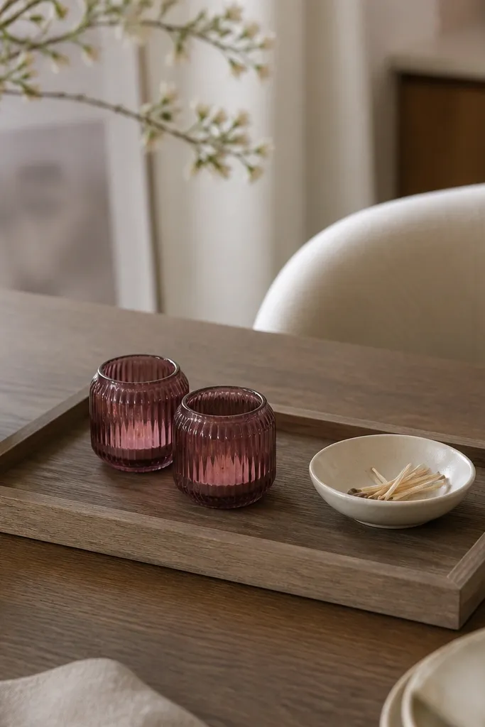 A removable tray on the dining table with a faux wood finish. Inside are two small dark pink candle holders and a cream ceramic dish with matches. The tray edges are clean and straight.