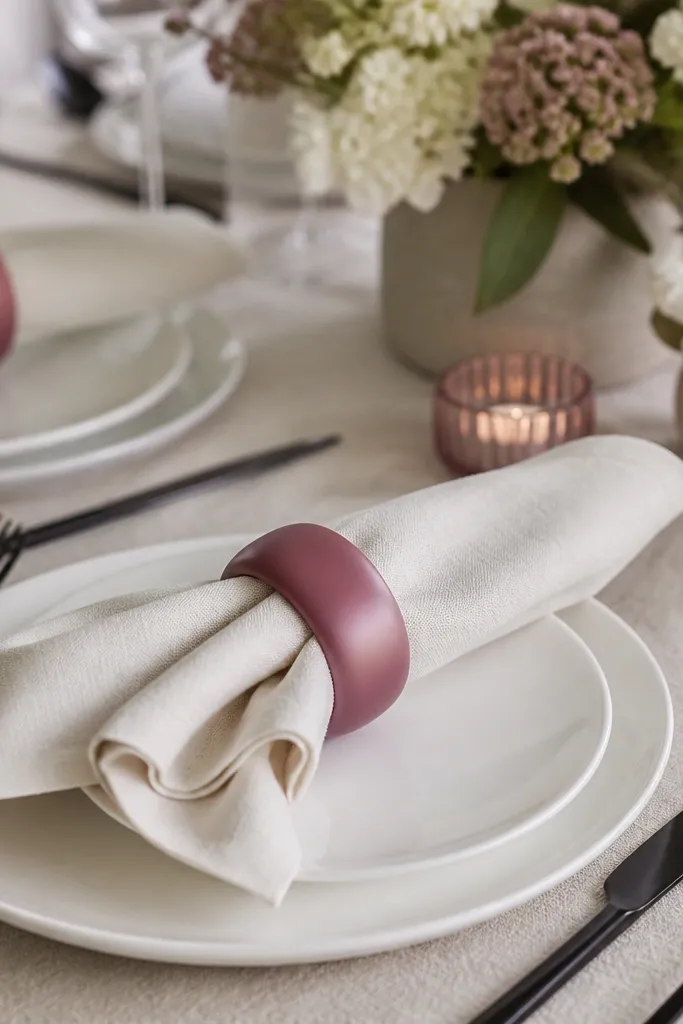 A dining table setting with folded cream napkins held by matte dark pink resin rings. Black cutlery sits beside white plates, and the rings catch light without glare.