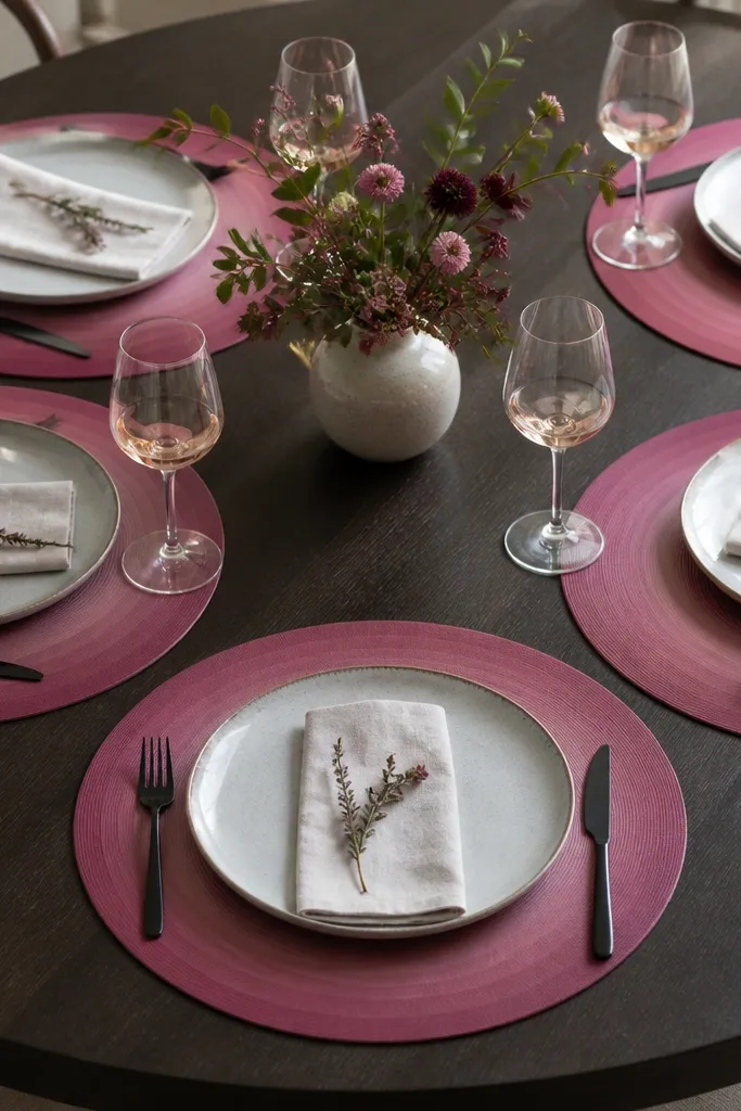 Six place mats in an ombre from deep berry at the outer edge to softer rose near the center. The top is wipeable and matte, with a slight texture. Plates sit on top with black utensils.