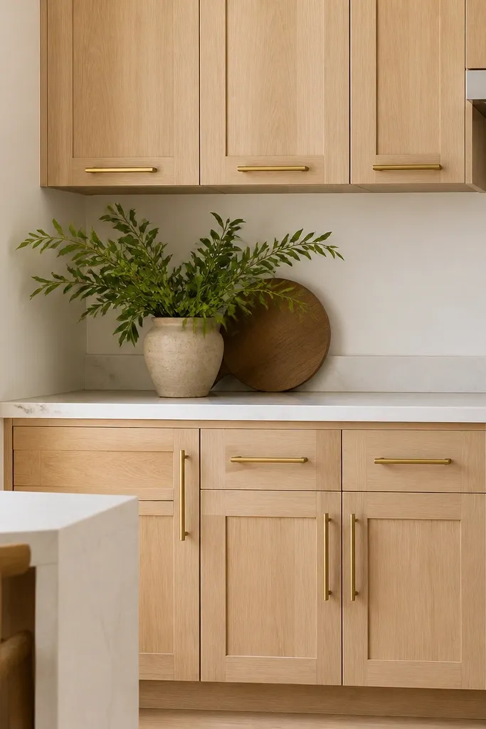 White oak shaker cabinet doors with clean, straight grain. Brushed champagne gold bar pulls run horizontally on the uppers and vertically on the lowers. Walls are painted a soft warm white. Hardware has a satin sheen, not mirror-polished.