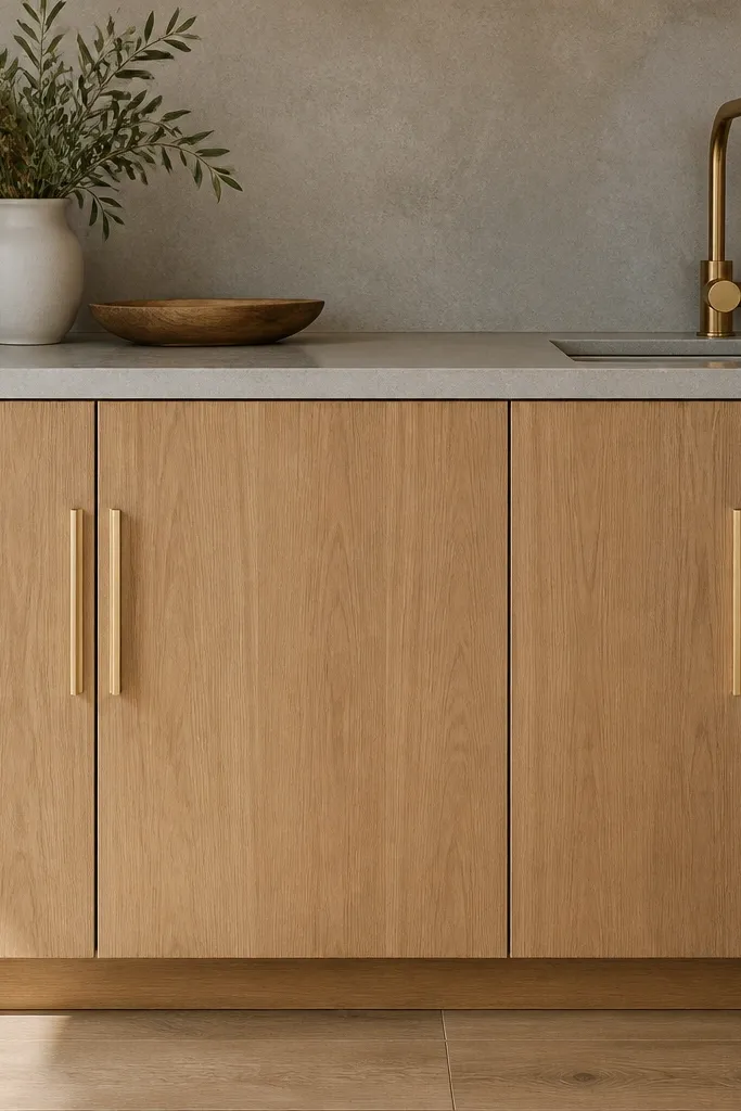 Flat-panel rift white oak cabinet fronts with no shaker rails. Slim vertical gold cup pulls sit centered on each door. Gold finish is satin and slightly warm. Countertops are light gray with a matte surface.