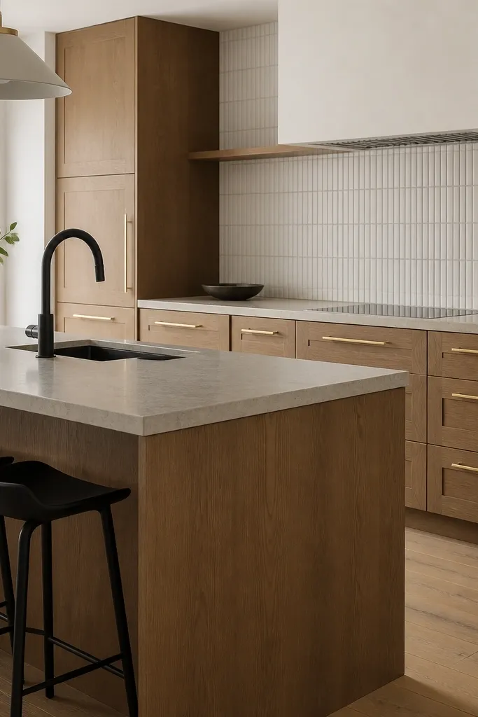 Rift oak shaker cabinets with gold L-track style bar pulls. A black faucet and black barstools appear in the frame. The backsplash is a light, off-white tile with thin grout lines.