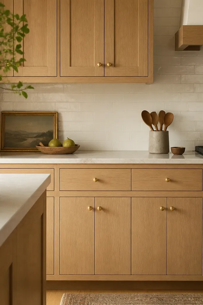 Rift white oak cabinet doors with a slightly warmer stain. Round knobs in antique gold sit on each door. Drawers have smaller knobs too. The kitchen lighting looks warm, and the backsplash is creamy white.