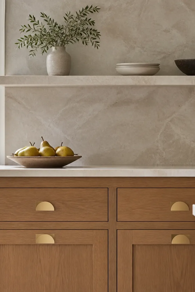 Shaker rift oak cabinets with centered arch-shaped gold pulls. Hardware has a smooth satin finish and consistent thickness. The backsplash is a pale stone-look slab.