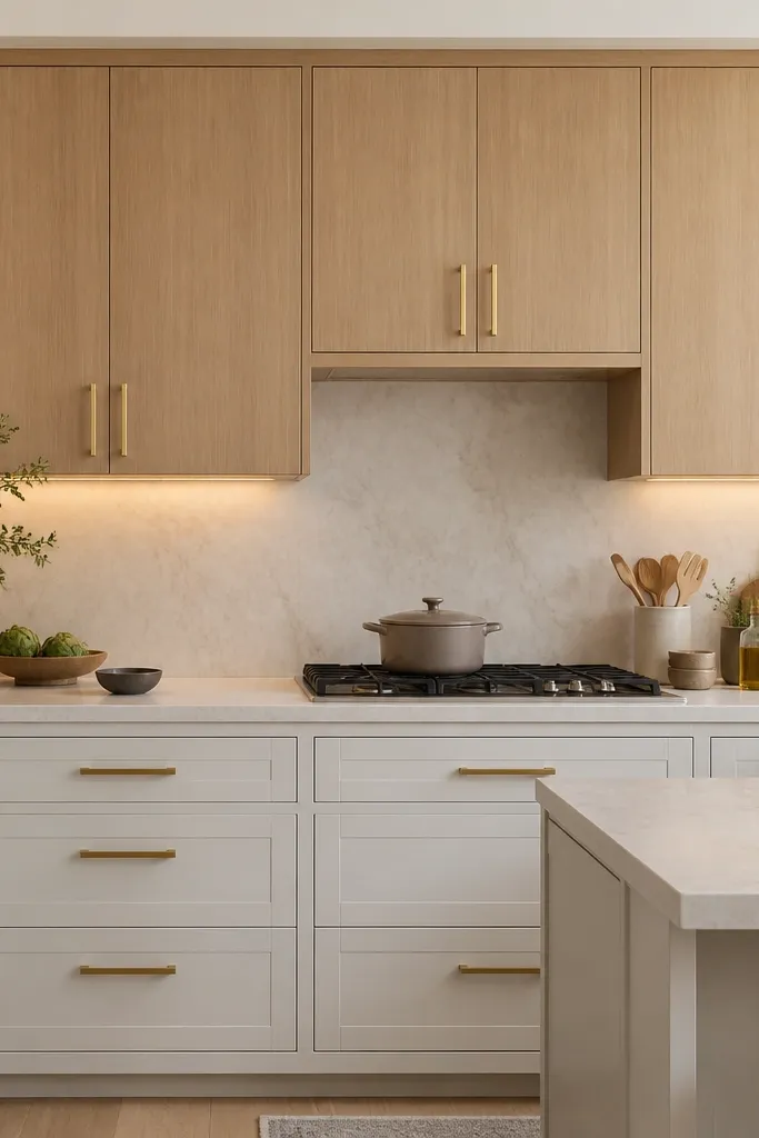 Upper cabinets are rift white oak while lower cabinets appear a light matte white. Gold pulls are consistent across both levels. The hardware looks brushed and warm. Under-cabinet lighting makes the oak grain pop.