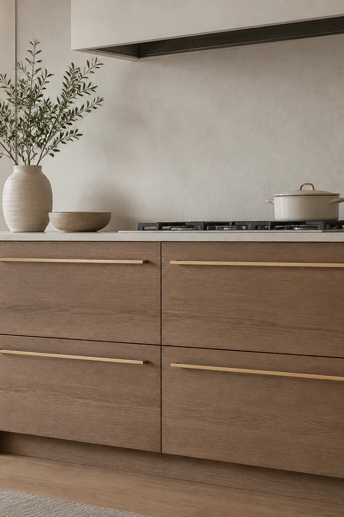 Large rift oak drawers and doors with long gold bar pulls. The pulls span most of the drawer width. The gold is brushed satin. The backsplash is light and minimal.