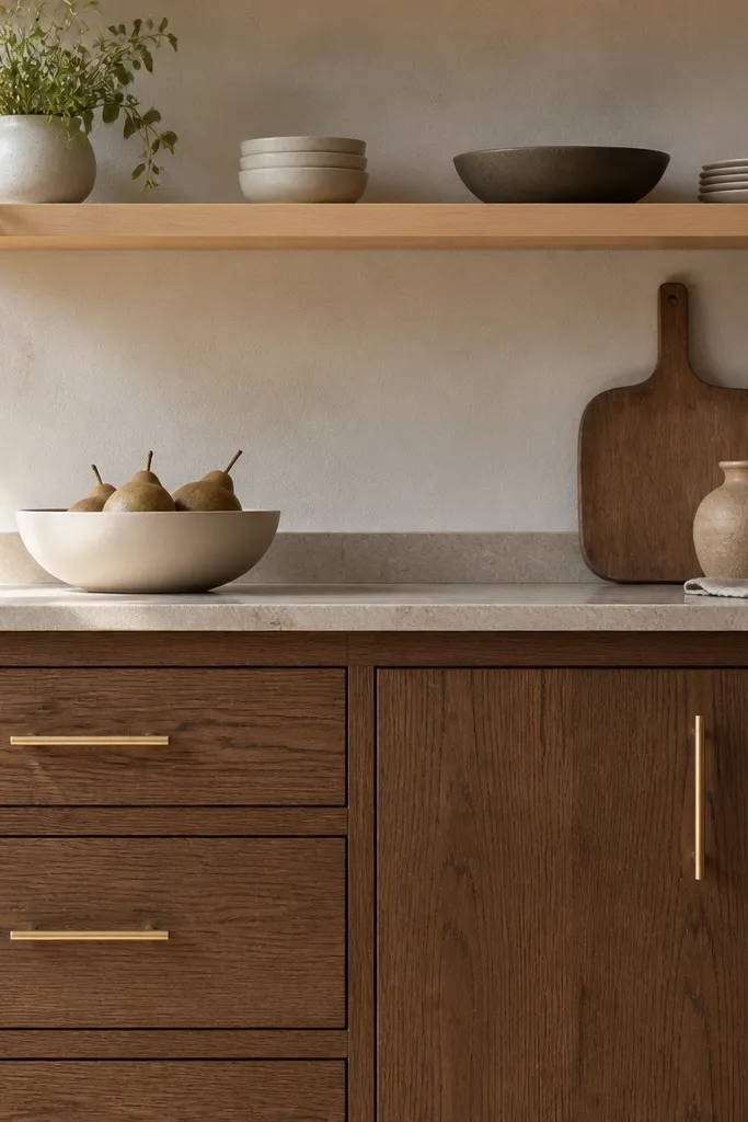 Rift oak cabinets with gold pulls shaped like slim shelf bars. A light wood open shelf sits above, showing a few minimal dishes. Gold hardware is brushed and warm.
