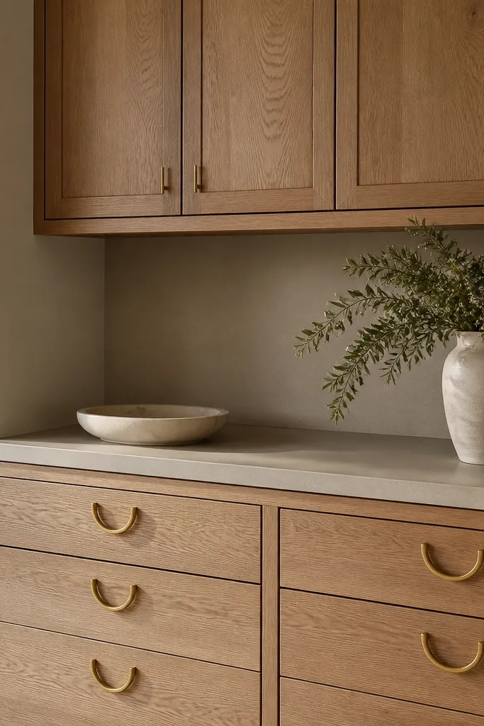 Lower drawers have D-shaped gold pulls. Upper doors have smaller gold bars. Rift oak grain is clear, and the gold finish is satin. The countertop is a light warm gray.