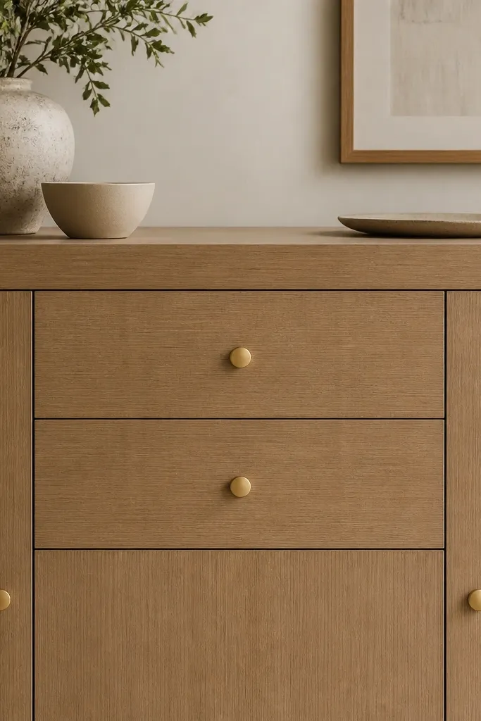 Rift oak cabinet doors have small round gold knobs centered. Drawers look flush with a clean face and the hardware sits perfectly centered. Lighting makes the grain lines look straight.