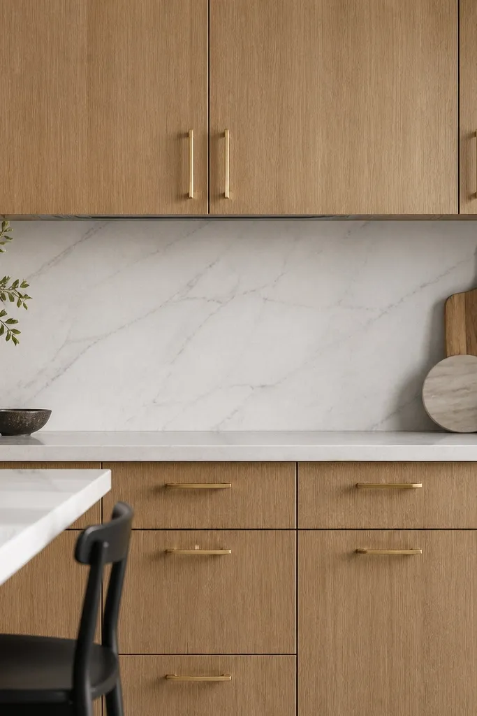 Rift oak cabinets with brushed gold bar pulls. The backsplash looks like marble but has a honed, matte finish. Veins are gray and soft, not dramatic. Hardware reflects lightly, not like a mirror.