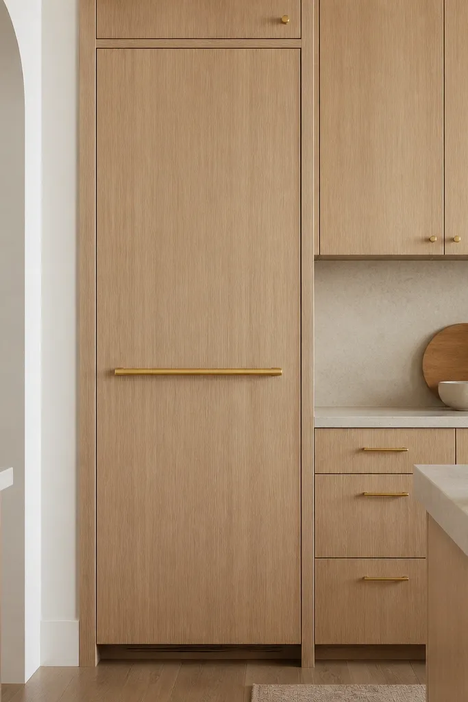 A tall pantry cabinet in rift white oak with long gold pull placed across the door. The pull is centered vertically and spans a large portion of the door width. Surrounding cabinets use smaller gold bars.