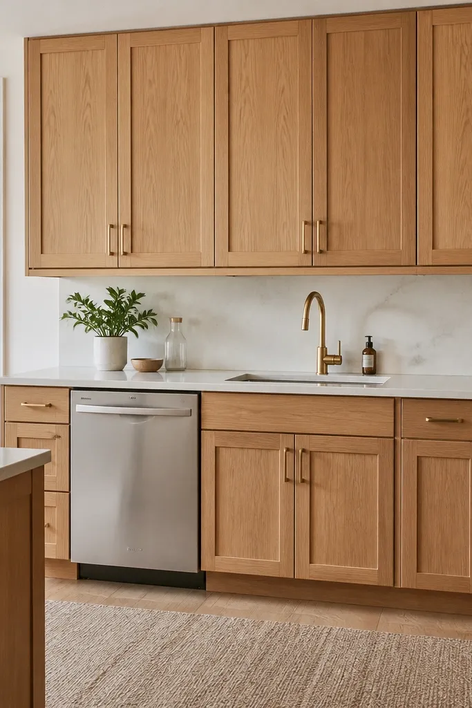 For renters rift white oak kitchen cabinets with gold hardware