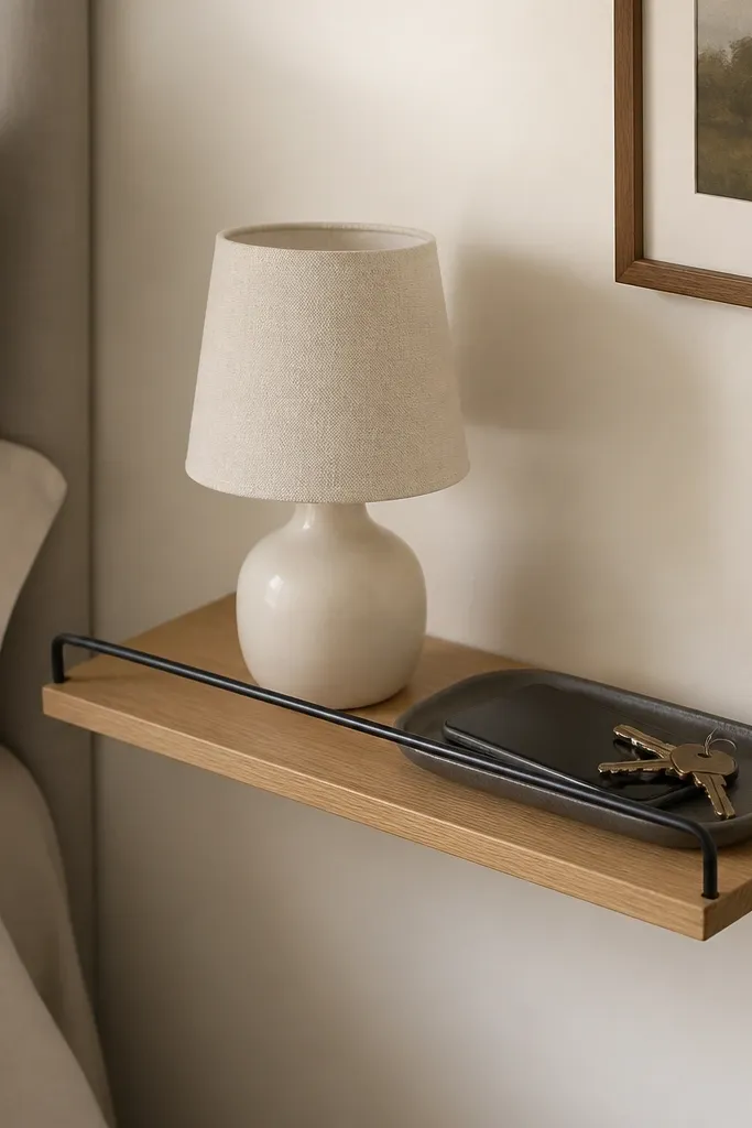 A narrow, light oak shelf mounted on the wall beside a bed, with a small black metal lip. A cream lamp sits centered, and a gray ceramic tray holds a phone and keys. The shelf has a subtle sheen and a clean edge profile.