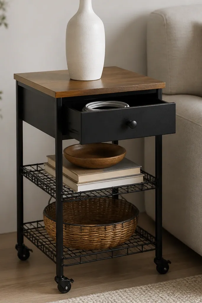 A black metal side table with a single drawer and two wire shelves, sitting on small caster wheels. A warm wood top shows slight grain. On top: a tall white ceramic vase and a coiled cable neatly tucked into the drawer.