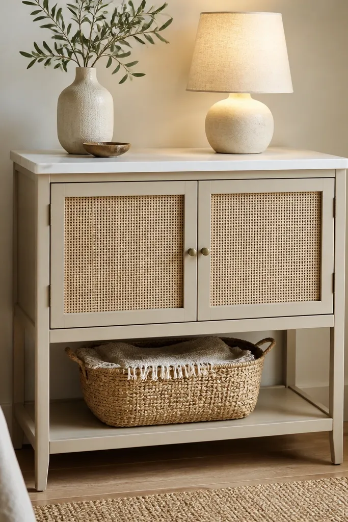 A small beige rattan-front cabinet with two doors over a lower open shelf. The top is a smooth white tabletop. A straw basket sits in the open section, and a linen lampshade glows warmly.