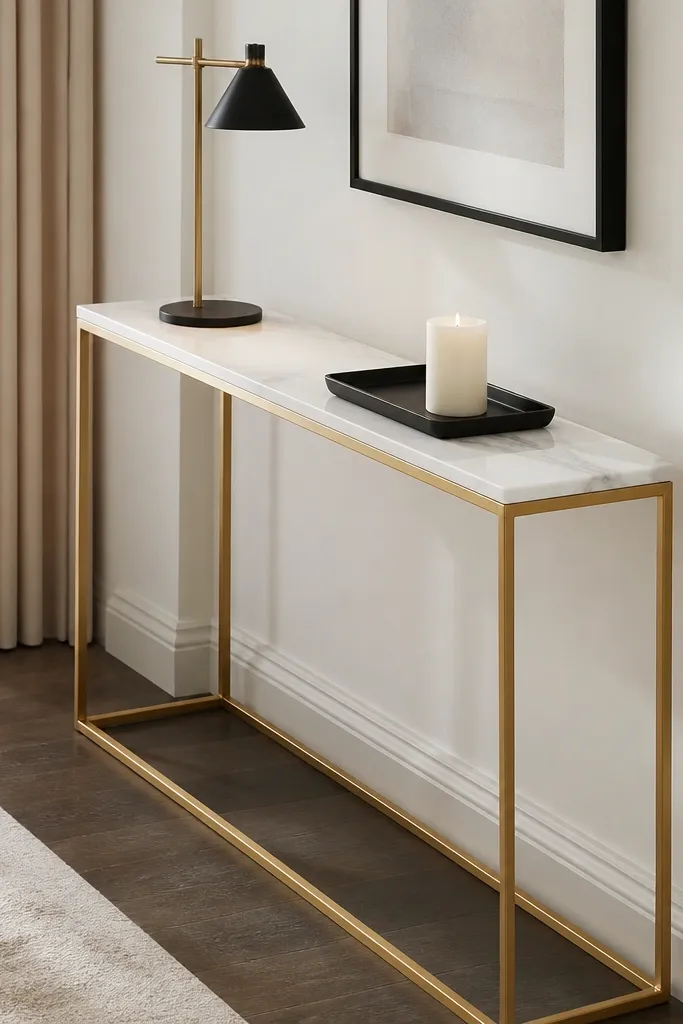A tall, narrow table with a white marble-look top and a thin gold metal frame. The surface shows gray veining. On top: a small black tray, a white candle, and a slim reading lamp.