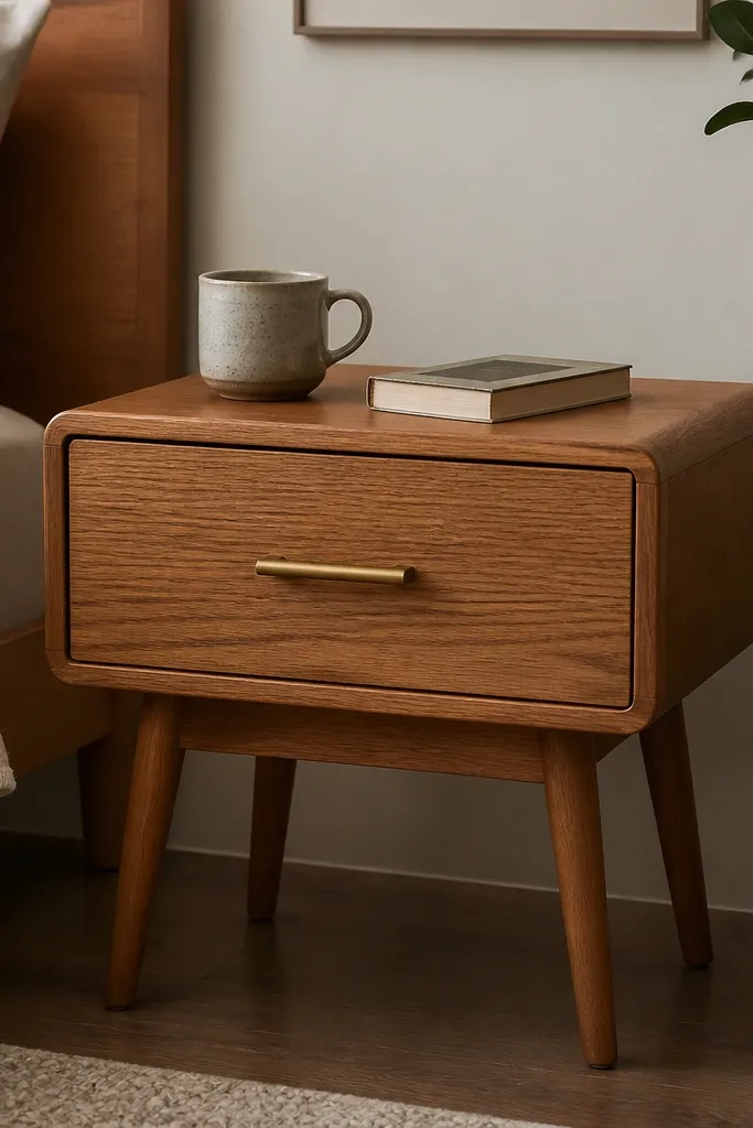 A mid-century oak veneer nightstand with a single drawer and rounded edges. The drawer has a brushed brass handle. A small book rests on top beside a ceramic mug.